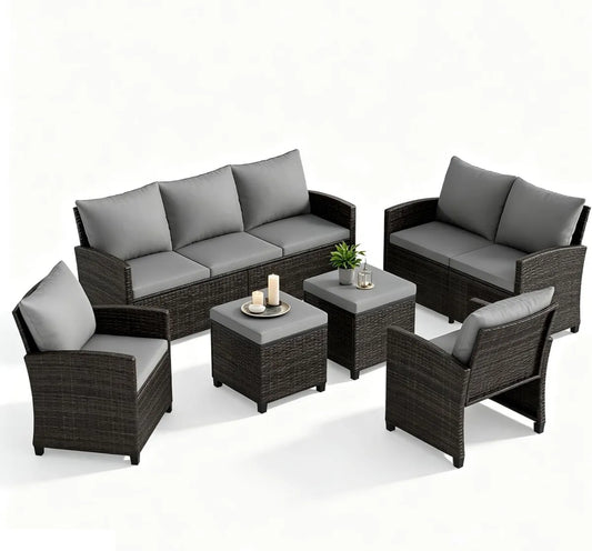 Ensemble de Salon de Jardin pour 6 Personnes en Résine Tressée avec Coussins Déhoussables - Gris