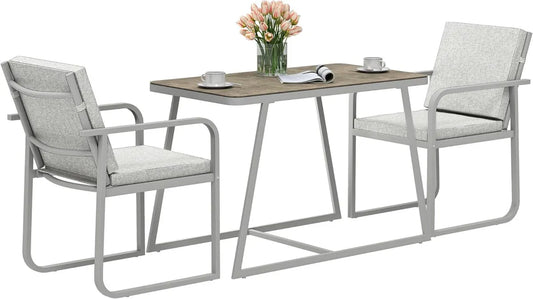 Ensemble de Jardin pour 2 Personnes avec Table et Chaises en Acier, Coussins Lavables, Gris