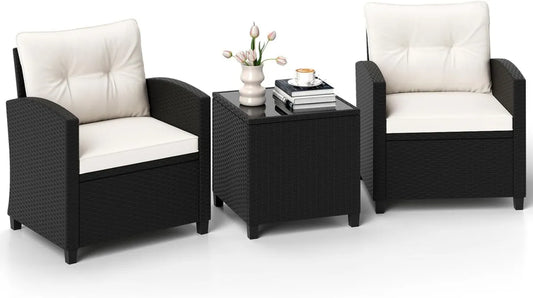 Ensemble de Salon de Jardin 3 Pièces, Fauteuils en Rotin avec Coussins et Table Basse en Verre pour Terrasse