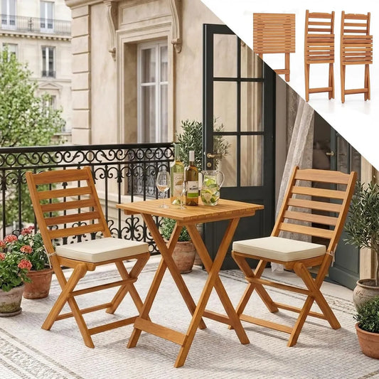 Ensemble de Mobilier de Jardin en Acacia, Table et Chaises Pliantes avec Coussin, Sans Accoudoirs, Pour Terrasse