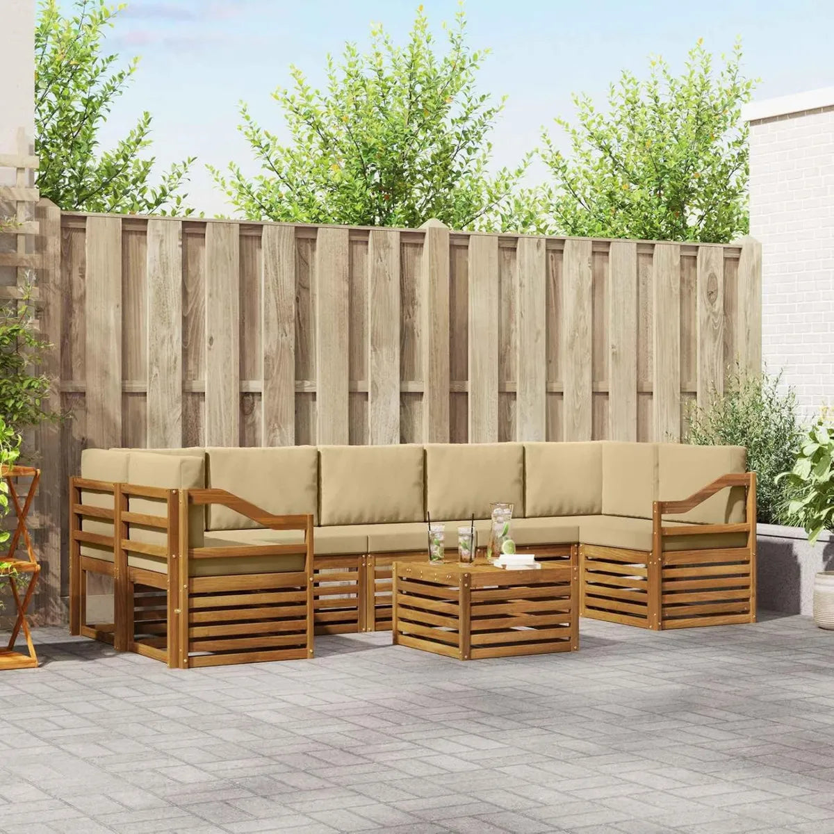 Salon de Jardin Modulable 8 Pièces en Acacia Naturel avec Coussins Beiges, Résistant aux Intempéries