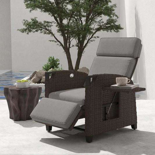 Chaise Longue de Jardin en Rotin Réglable avec Coussin Gris - Table Intégrée, Résistante aux Intempéries