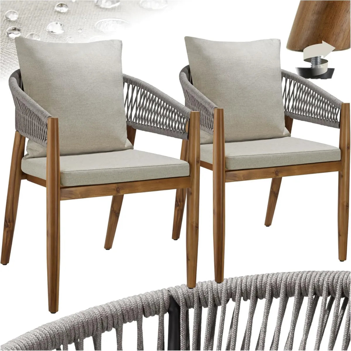 Lot de 2 Fauteuils de Jardin en Bois d'Acacia avec Accoudoirs, Résistants aux Intempéries pour Terrasse et Balcon
