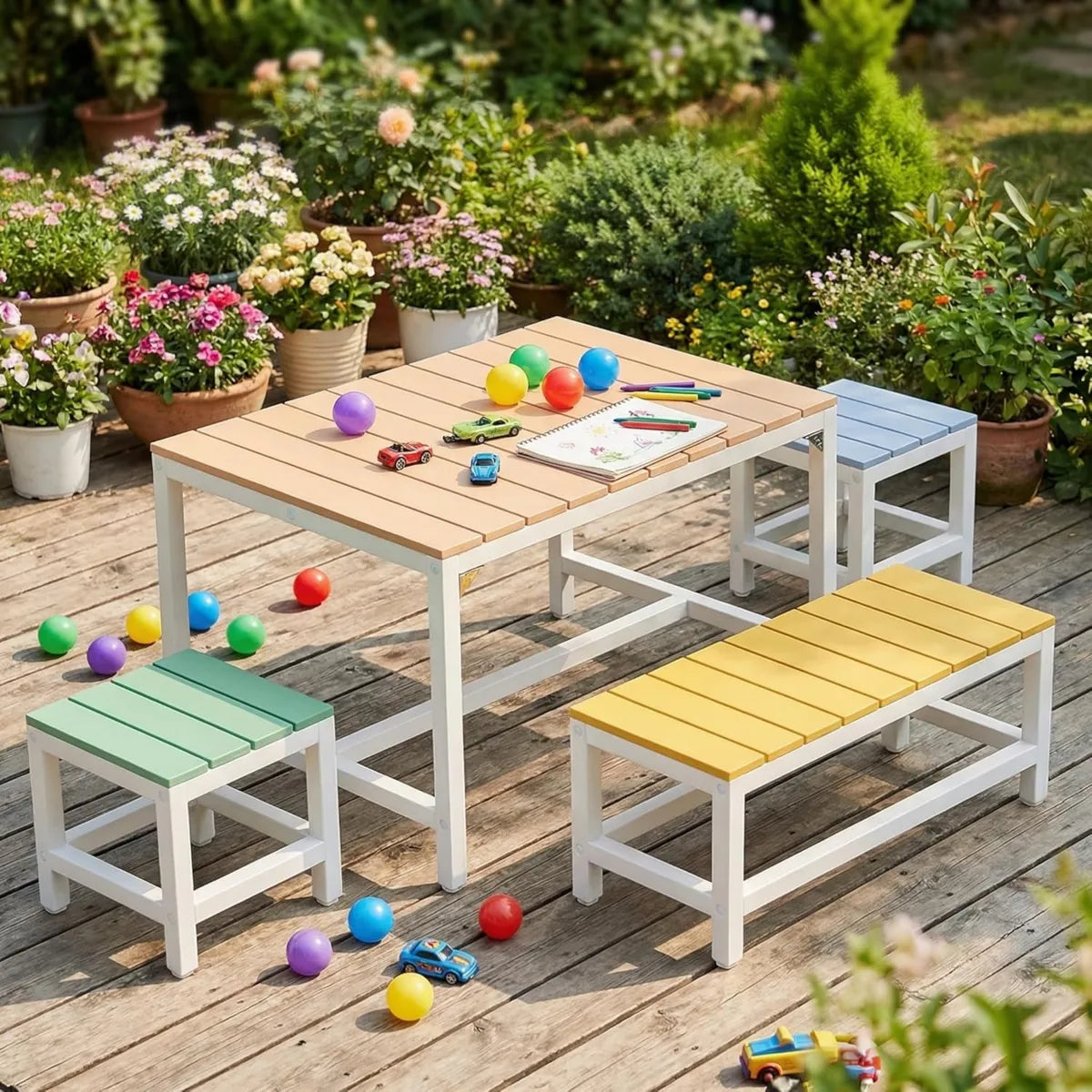 Ensemble Table et Chaises en Bois pour Enfants avec Housse Résistante à l'Eau, Inclut 2 Tabourets, Idéal pour Activités Extérieures dès 3 Ans, Parfait pour Jardin et Terrasse