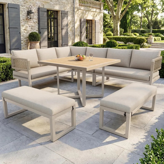 Ensemble de Jardin Extérieur 8 Places avec Canapé d'Angle, Table et Bancs, Coussins Inclus, Beige
