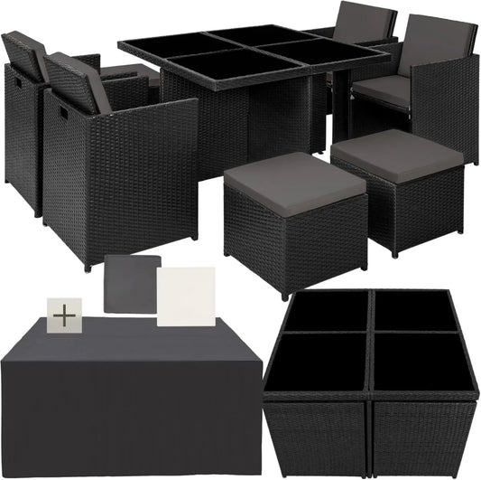 Ensemble Mobilier de Jardin 8 Places - Table, Chaises et Tabourets en Rotin Noir