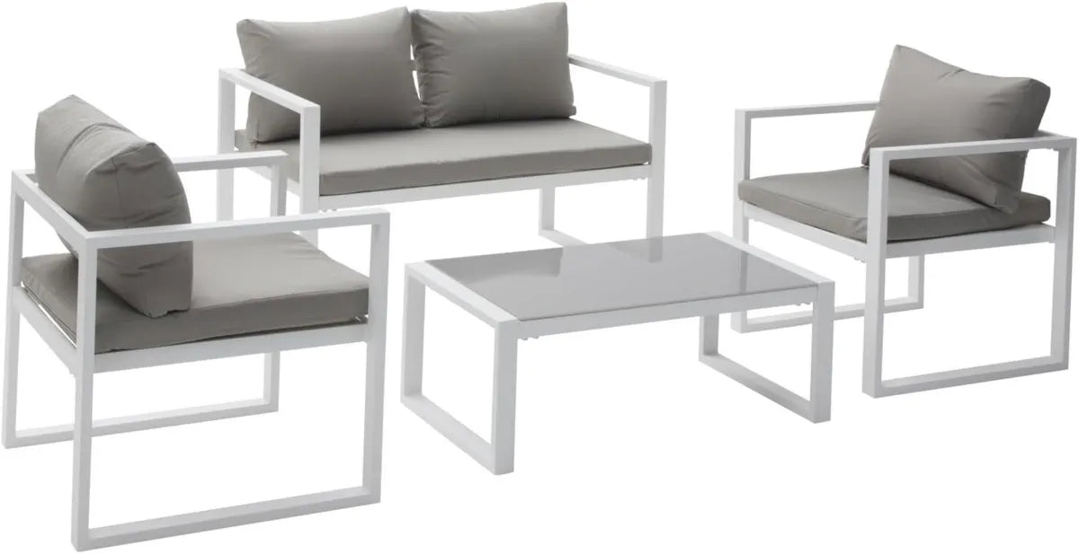 Ensemble de Jardin Ibiza 4 Personnes - Aluminium Blanc et Tissu Gris