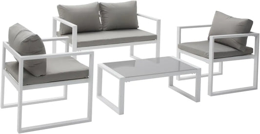Ensemble de Jardin Ibiza 4 Personnes - Aluminium Blanc et Tissu Gris
