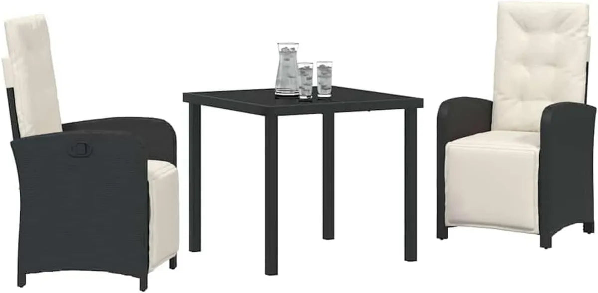 Ensemble de Jardin 3 Pièces en Rotin Noir avec Table en Verre