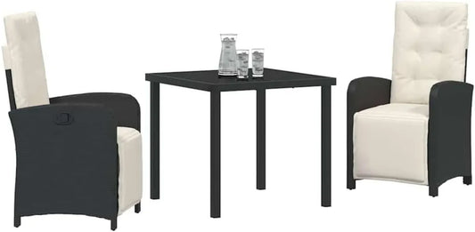 Ensemble de Jardin 3 Pièces en Rotin Noir avec Table en Verre