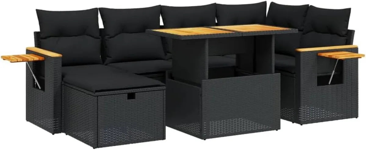 Ensemble de Mobilier de Jardin en Résine Tressée Noire avec Coussins - 7 Pièces