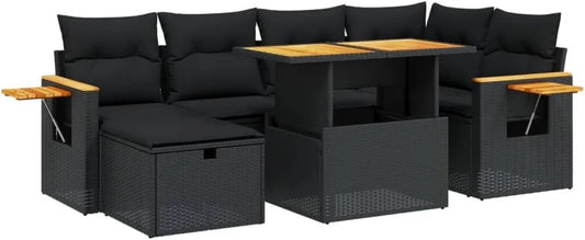 Ensemble de Mobilier de Jardin en Résine Tressée Noire avec Coussins - 7 Pièces