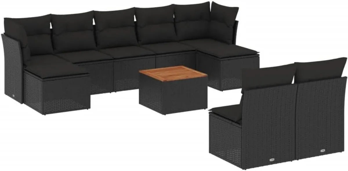 Ensemble de Jardin 10 pcs avec Coussins, Canapés d'Extérieur en Résine Tressée Noire
