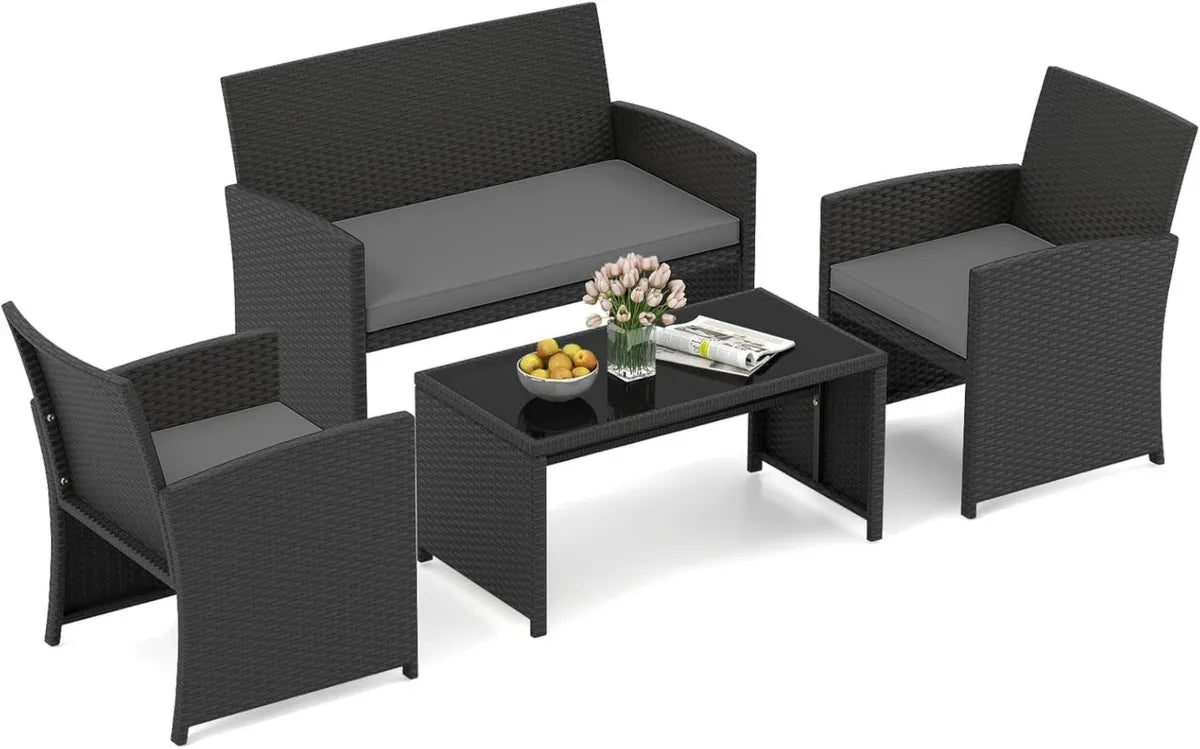 Ensemble Mobilier de Jardin en Rotin 4 Pièces, Canapé et Fauteuils avec Table Basse en Verre, Coussins Confortables, Idéal pour Terrasse et Piscine - Noir et Gris