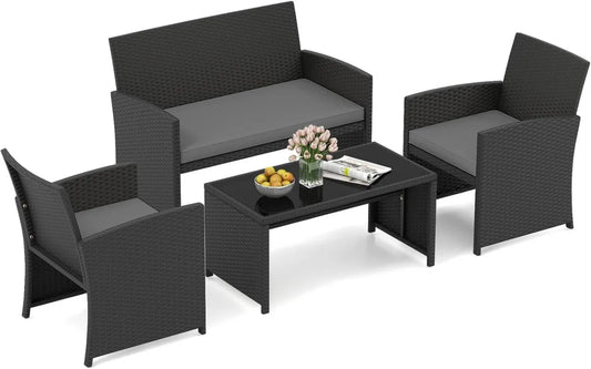 Ensemble Mobilier de Jardin en Rotin 4 Pièces, Canapé et Fauteuils avec Table Basse en Verre, Coussins Confortables, Idéal pour Terrasse et Piscine - Noir et Gris