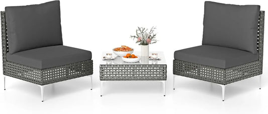 COSTWAY Salon de Jardin en Osier PE 3 Pièces, Capacité 180KG, 2 Fauteuils et Table Basse en Verre, Coussins Confortables pour Patio, Terrasse, Piscine