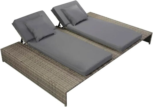 Bain de soleil double en rotin gris avec dossier ajustable, coussin résistant à l'eau, structure en acier solide pour terrasse, jardin et piscine