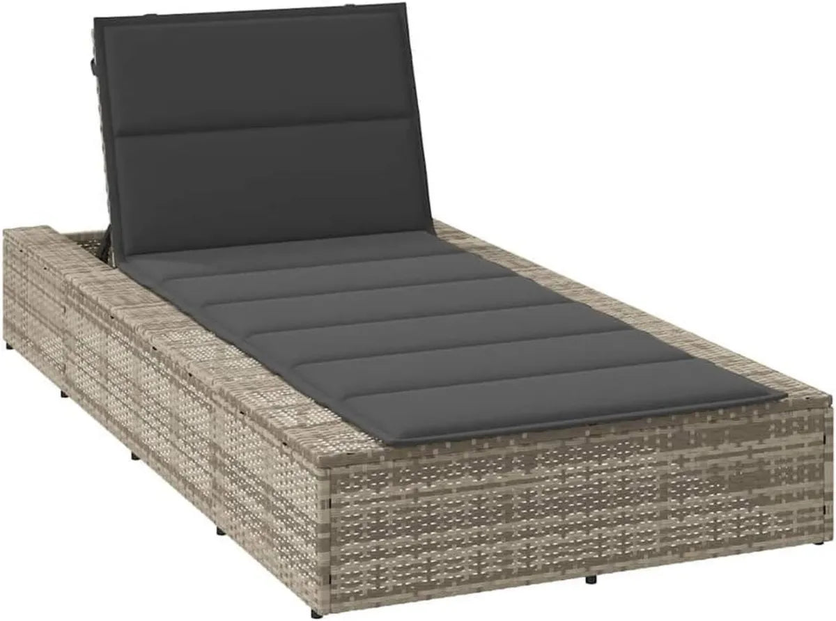Chaise longue en rotin synthétique gris clair avec coussin imperméable et réglable pour extérieur, 210 x 100 x 79 cm