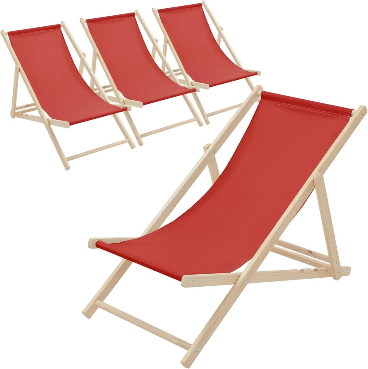 Chaises Longues Pliantes en Bois - Lot de 4 - Rouge - Dossier Réglable, 3 Positions, Charge Maximale 120 kg