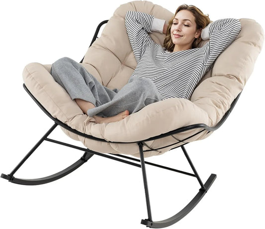 Fauteuil à Bascule Confortable pour Intérieur et Extérieur, Chaise Œuf avec Coussin Amovible, Structure Solide, Charge Maximale 205 kg, Beige