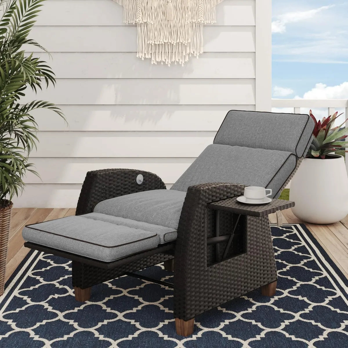 Chaise Longue en Rotin Marron avec Coussin Gris pour Intérieur et Extérieur