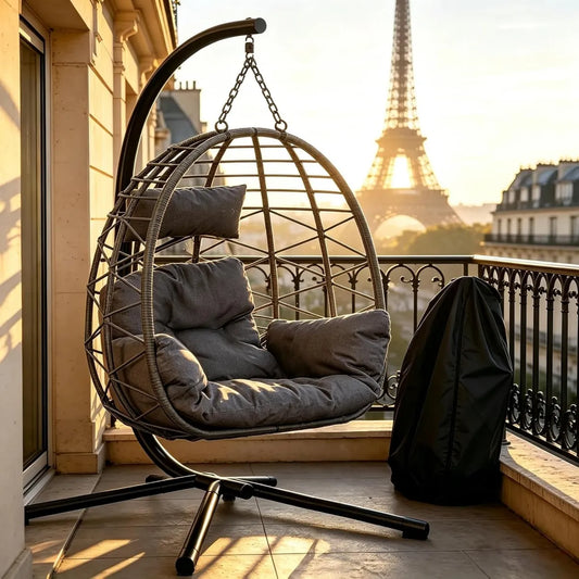 Chaise Hamac Suspendue en Rotin Gris avec Coussin Confortable et Structure Pliable