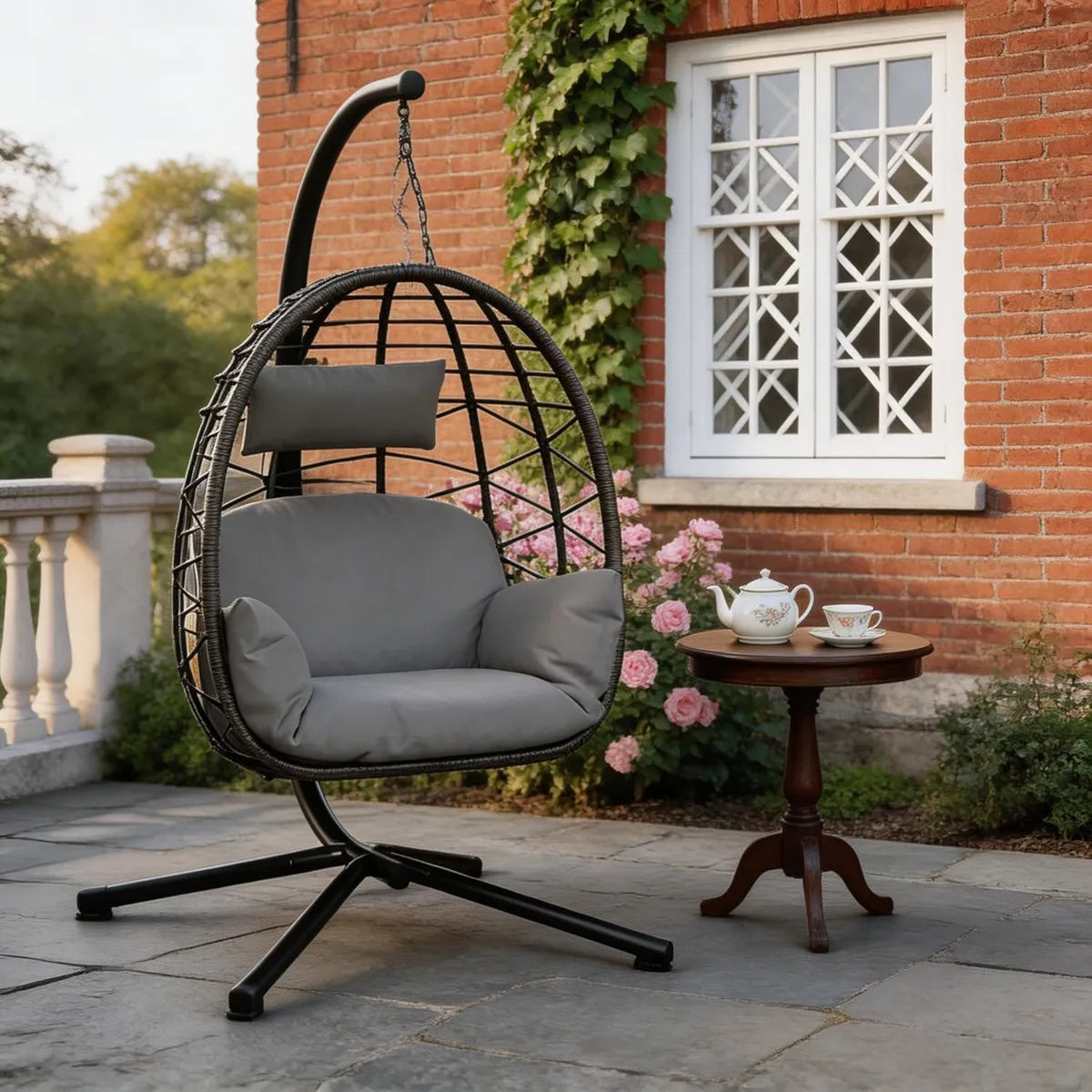 Chaise Suspendue en Rotin avec Support Métallique, Capacité 150 kg, pour Intérieur et Extérieur, Jardin et Terrasse, Couleur Grise