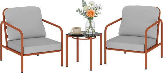 Ensemble de Jardin 3 Pièces Outsunny, 2 Fauteuils Confortables, Table Basse en Verre Trempé, Cadre en Acier, Idéal pour Balcon et Terrasse, Rouge Bordeau