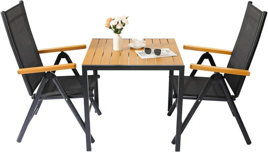 LIFERUN Set de Mobilier de Jardin 3 Pièces en Aluminium avec Table WPC et Chaises Pliables Résistantes