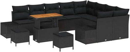 Ensemble de Salon de Jardin en Polyrotin Noir avec Coussins - 12 Pièces, Canapé Modulaire Extérieur, Mobilier de Patio Contemporain, Table Réglable