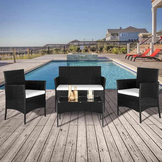 Ensemble de Jardin en Résine, 4 Meubles avec Coussins Amovibles et Table en Verre, Design Compact