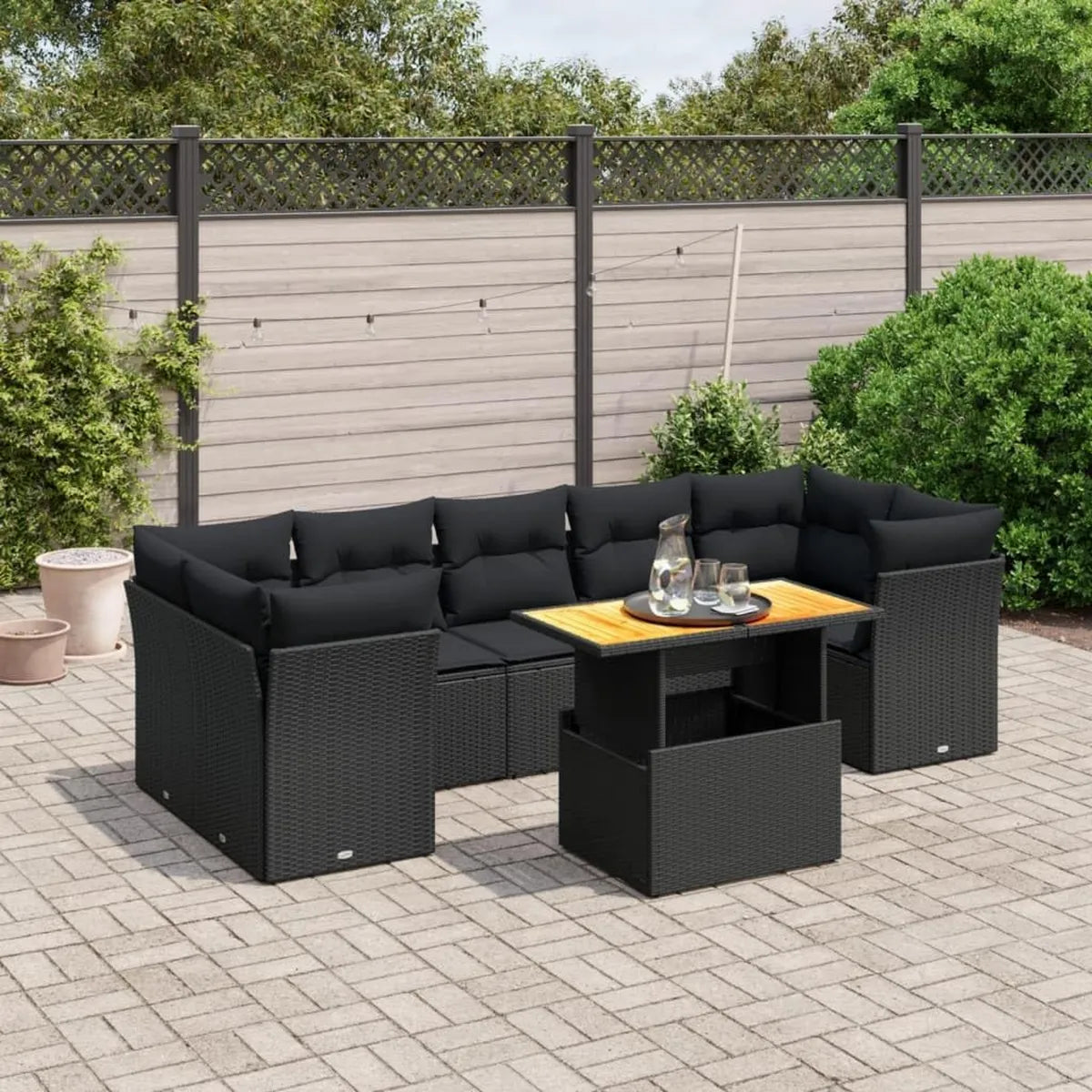 Ensemble de Jardin Modulaire 8 Pièces en Résine Tressée Noire avec Coussins Lavables, Table Réglable pour Terrasse ou Balcon