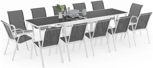 Ensemble de Jardin Extensible Madrid avec Table et 12 Chaises Empilables - Blanc et Gris
