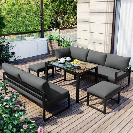 Ensemble Mobilier de Jardin en Aluminium - Dossier Réglable - Table avec Plateau en Verre