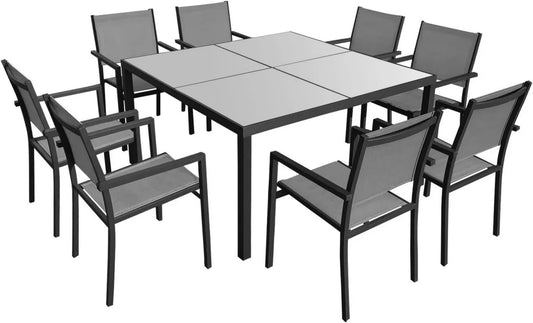 Ensemble de Jardin Cagliari 8 Places en Aluminium Anthracite avec Textilène Gris