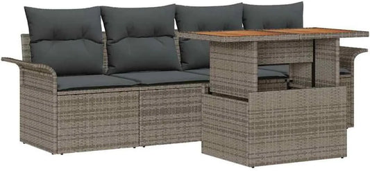 Ensemble de Salon de Jardin 5 Pièces en Rotin Gris avec Table en Acacia