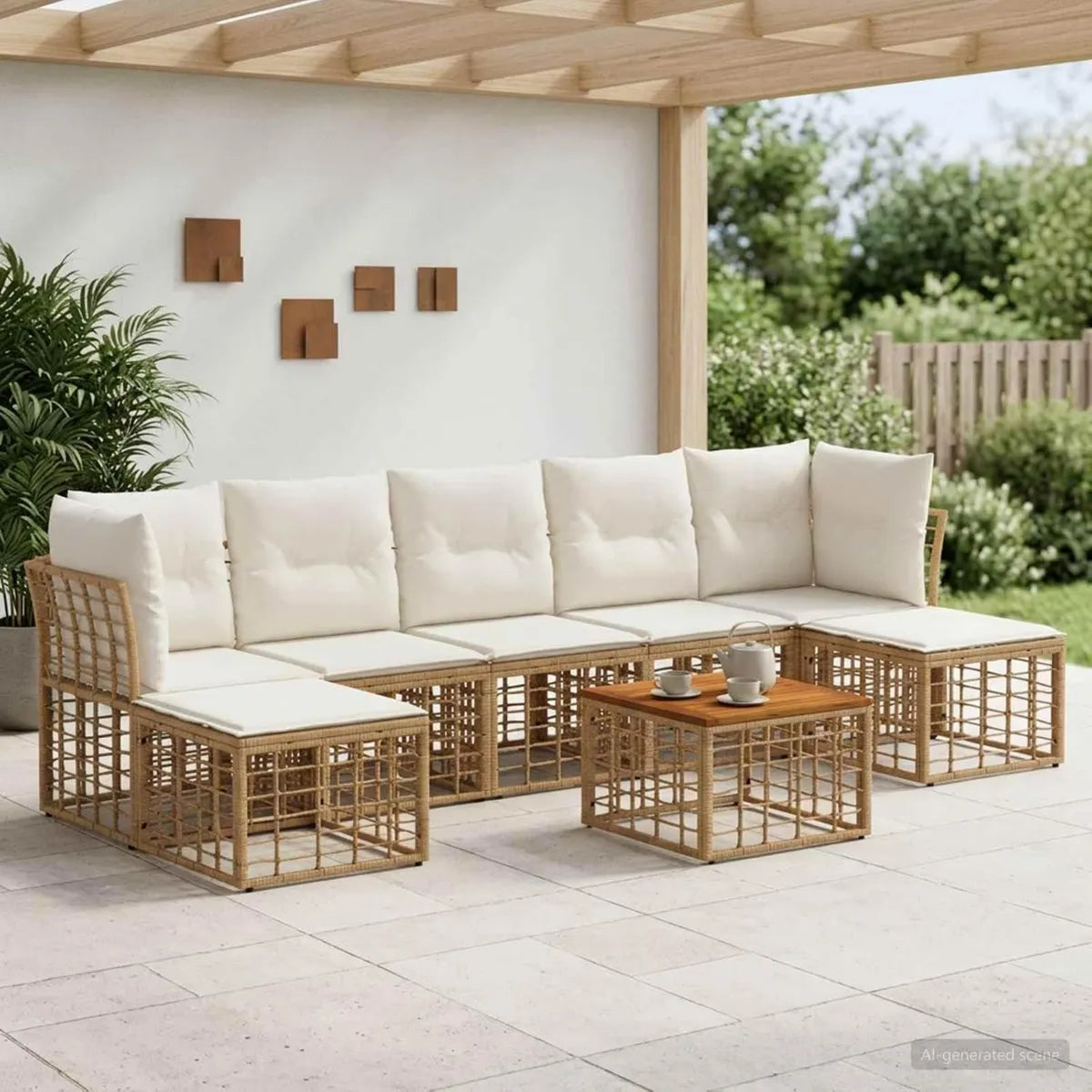 Salon de jardin modulable 8 pièces en rotin blanc avec coussins crème