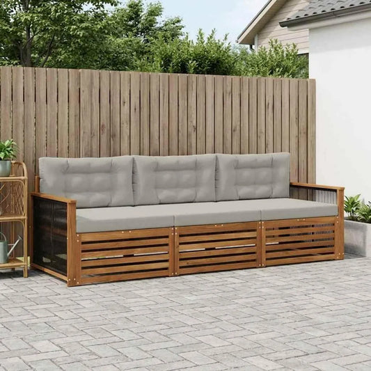 Salon de jardin modulable en bois d'acacia 3 pièces avec coussins confortables, naturel et gris clair