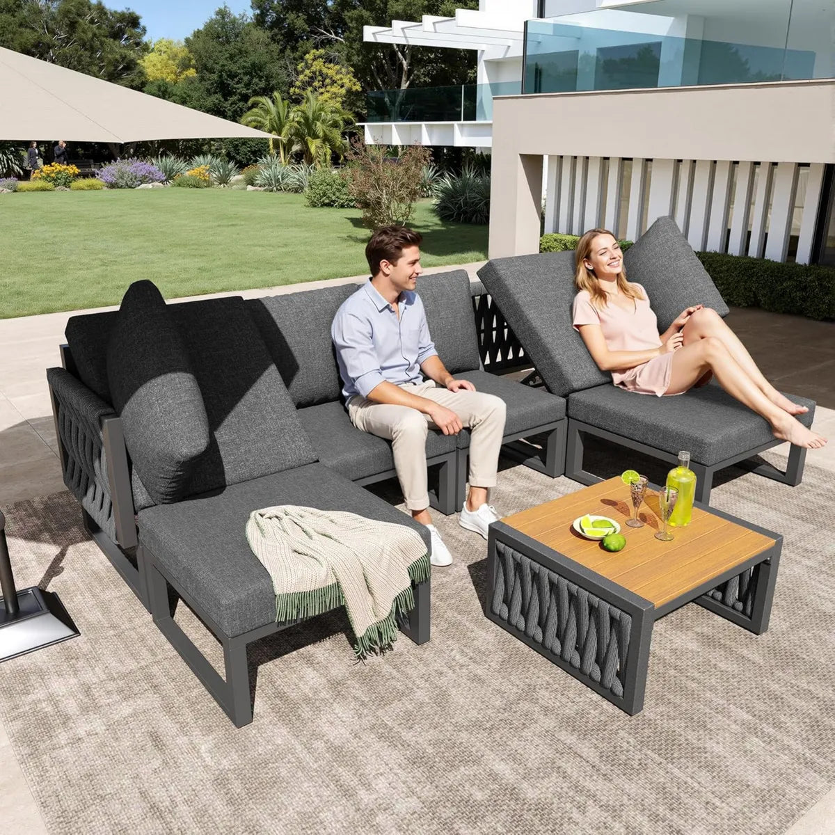 Ensemble de Salon de Jardin pour 6 Personnes avec Chaise Longue et Coussins Réglables - Gris