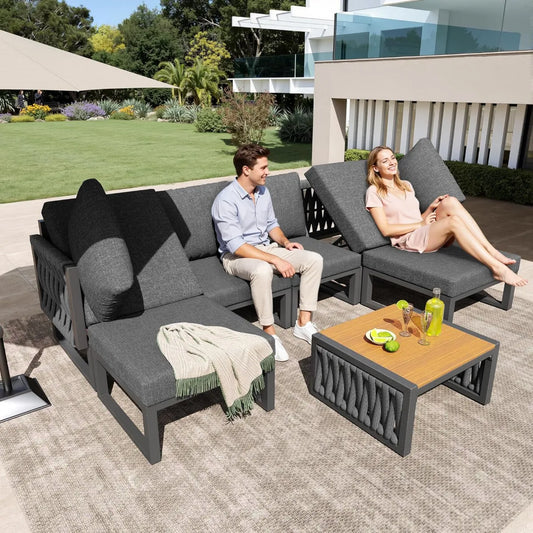 Ensemble de Salon de Jardin pour 6 Personnes avec Chaise Longue et Coussins Réglables - Gris