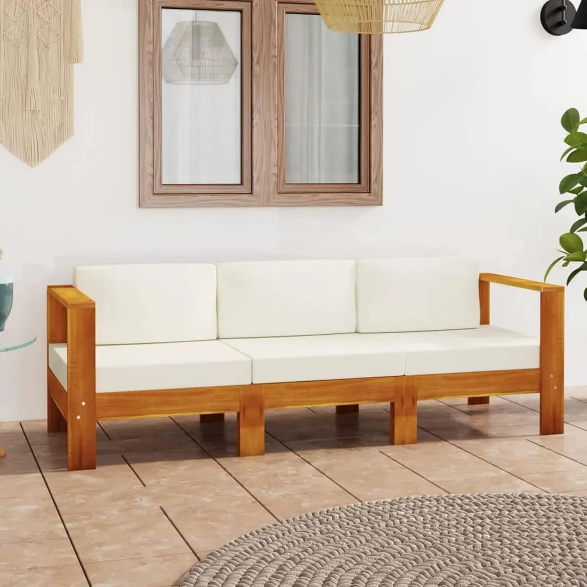 Ensemble de Jardin en Bois d'Acacia Crème - Canapé 4 Places avec Coussins