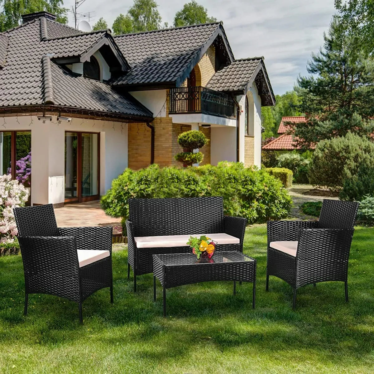 bigzzia Ensemble de salon d'extérieur en rotin 4 pièces pour terrasse, incluant canapé, fauteuils et table
