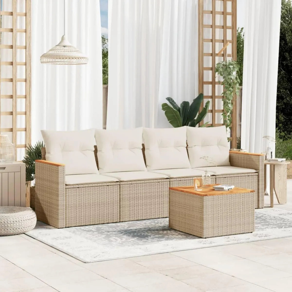 Ensemble de Salon de Jardin en Rotin Synthétique Beige avec Coussins - 5 Pièces
