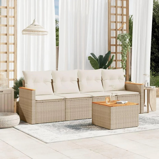 Ensemble de Salon de Jardin en Rotin Synthétique Beige avec Coussins - 5 Pièces