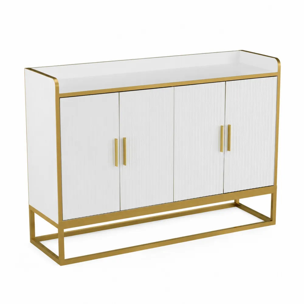 Buffet rectangulaire 4 portes en bois et métal doré 120x40x85 cm Blanc/Or