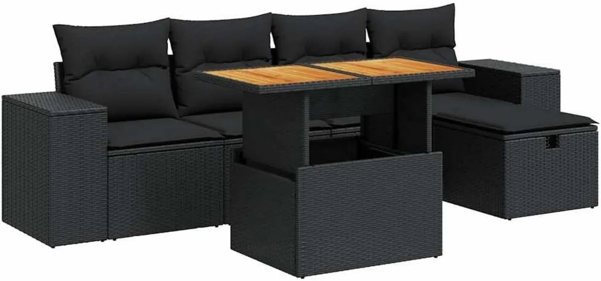 Ensemble de Jardin en Résine Tressée Noir avec Coussins - 6 Pièces