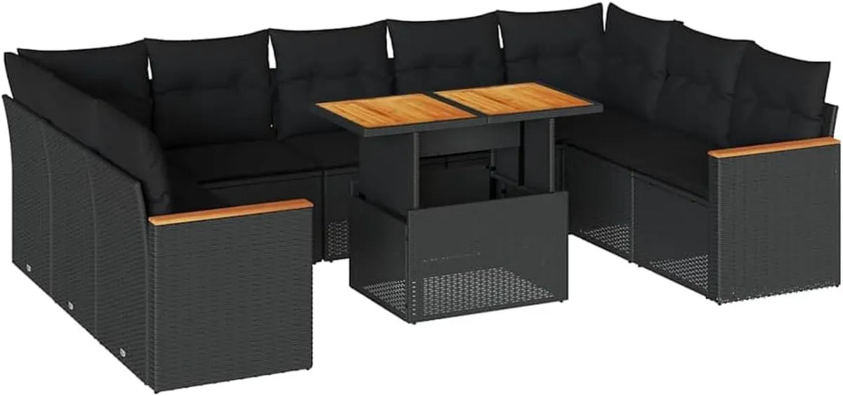 Ensemble de Salon de Jardin en Résine Tressée avec Coussins Noirs, 10 Pièces