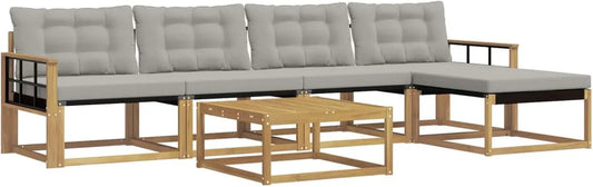 Ensemble de Salon d'Extérieur en Bois d'Acacia Massif - Canapé Modulaire 6 Pièces avec Table Basse et Coussins Gris