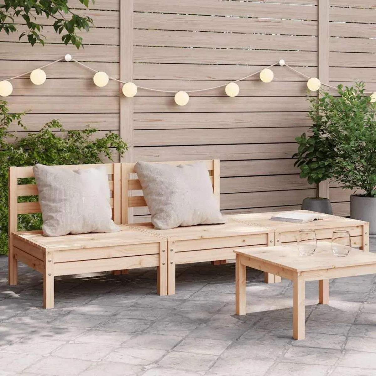 Canapé d'extérieur 3 places en pin massif avec design modulable à lattes pour terrasse et jardin