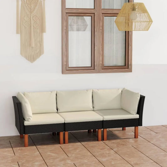 Sofa d'Extérieur 3 Places Résine Noire Coussins Crème, Structure Acier et Bois d'Eucalyptus, Mobilier de Jardin Léger pour Balcon et Terrasse